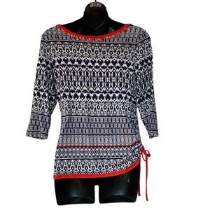 3/$20 Ruby Road printed boatneck side-ruched top with beaded neckline, size SP